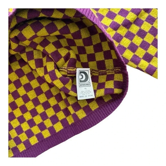 Daydreamer Fig Check Fitted Pullover Sweater Long Sleeve Purple Yellow XL NWT - Picture 5 of 8